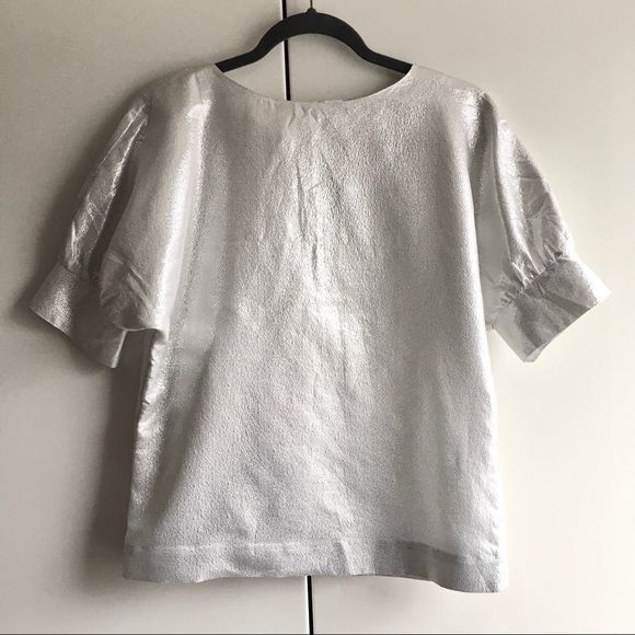 Anthropologie & Other Stories silver lamé short sleeve puff sleeve top size 4 - Picture 2 of 16